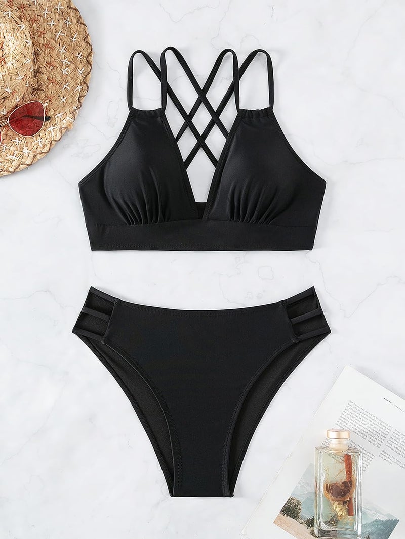 Tainehs Women's Push Up V Neck Bikini Sets Criss Cross Back Two Piece Bathing Suit Black - Image 4