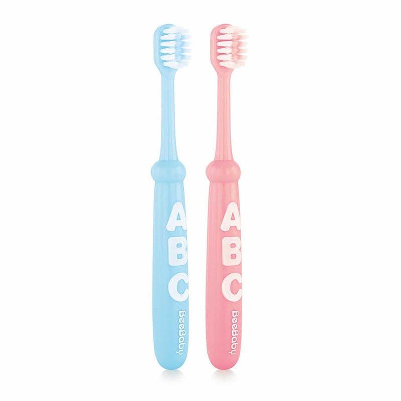 Beebaby Brush Buddy Toothbrush for Infants 6 Months +. Small Head 10 x Super Soft Tapered Bristles ideal for Milk Teeth, 100% BPA Free. Blue & Pink. Pack of 2 - Image 1