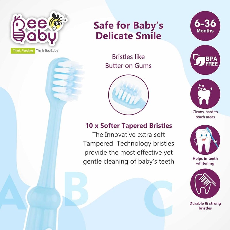 Beebaby Brush Buddy Toothbrush for Infants 6 Months +. Small Head 10 x Super Soft Tapered Bristles ideal for Milk Teeth, 100% BPA Free. Blue & Pink. Pack of 2 - Image 3