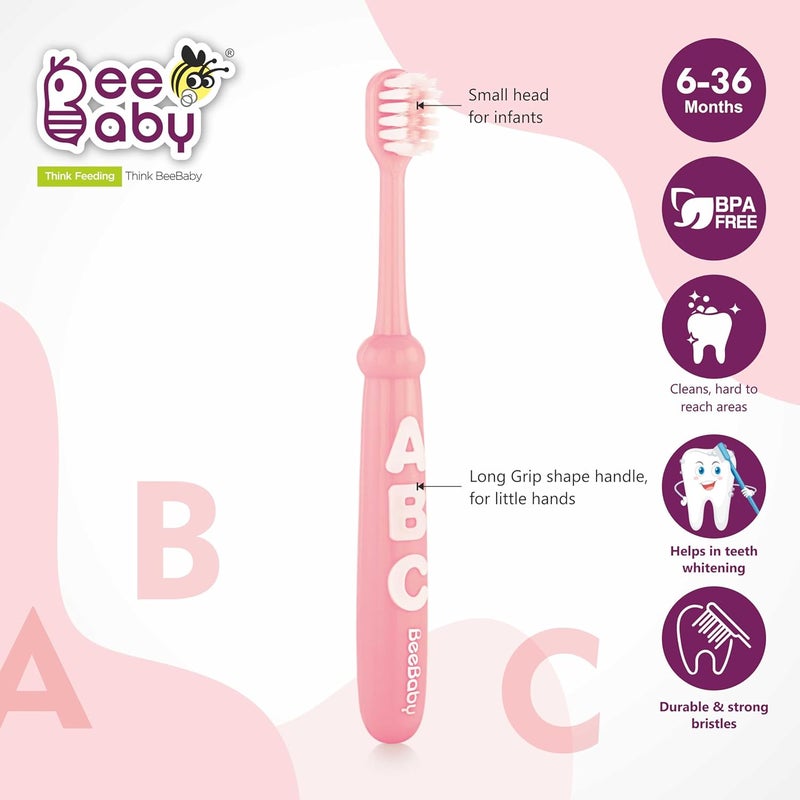 Beebaby Brush Buddy Toothbrush for Infants 6 Months +. Small Head 10 x Super Soft Tapered Bristles ideal for Milk Teeth, 100% BPA Free. Blue & Pink. Pack of 2 - Image 2
