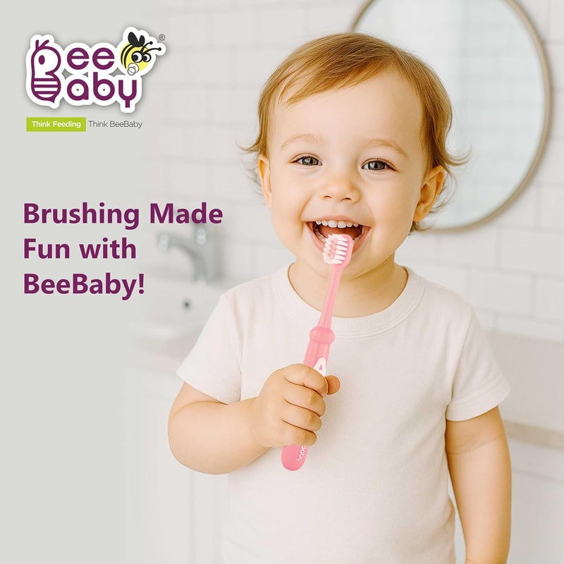 Beebaby Brush Buddy Toothbrush for Infants 6 Months +. Small Head 10 x Super Soft Tapered Bristles ideal for Milk Teeth, 100% BPA Free. Blue & Pink. Pack of 2 - Image 4