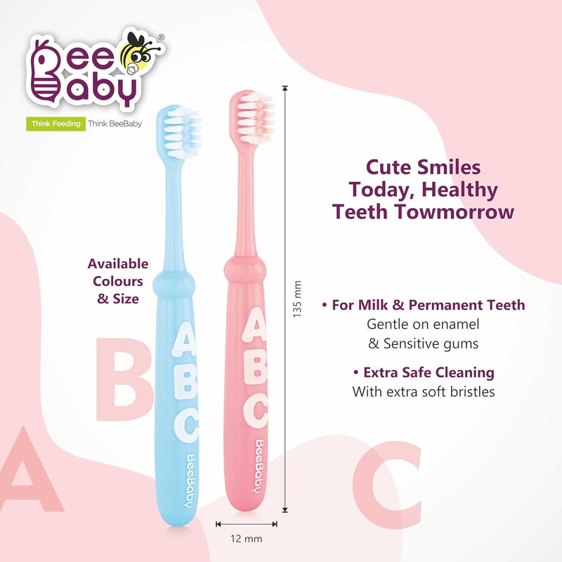 Beebaby Brush Buddy Toothbrush for Infants 6 Months +. Small Head 10 x Super Soft Tapered Bristles ideal for Milk Teeth, 100% BPA Free. Blue & Pink. Pack of 2 - Image 5