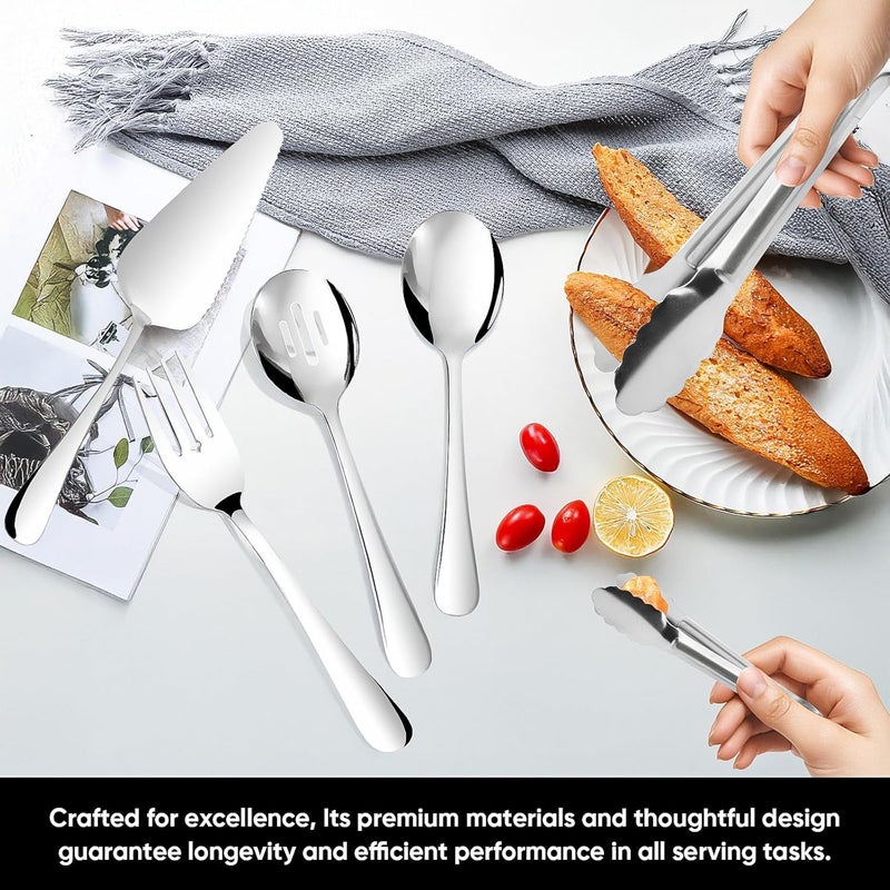 Gisly 14PCS Serving Utensils - Hostess Serving Utensils Set, Premium Stainless Steel 8.7 inch Serving Utensils, Slotted Spoons, Fork, Tongs, Cake Pie Server for Buffet, Wedding, Dinner (Silver) - Image 3