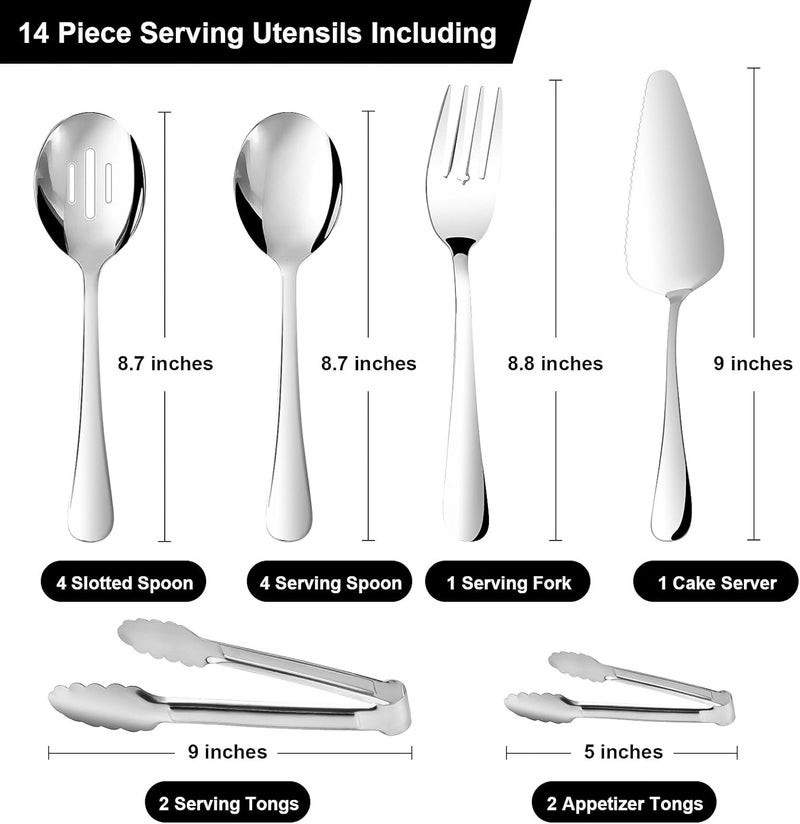 Gisly 14PCS Serving Utensils - Hostess Serving Utensils Set, Premium Stainless Steel 8.7 inch Serving Utensils, Slotted Spoons, Fork, Tongs, Cake Pie Server for Buffet, Wedding, Dinner (Silver) - Image 2