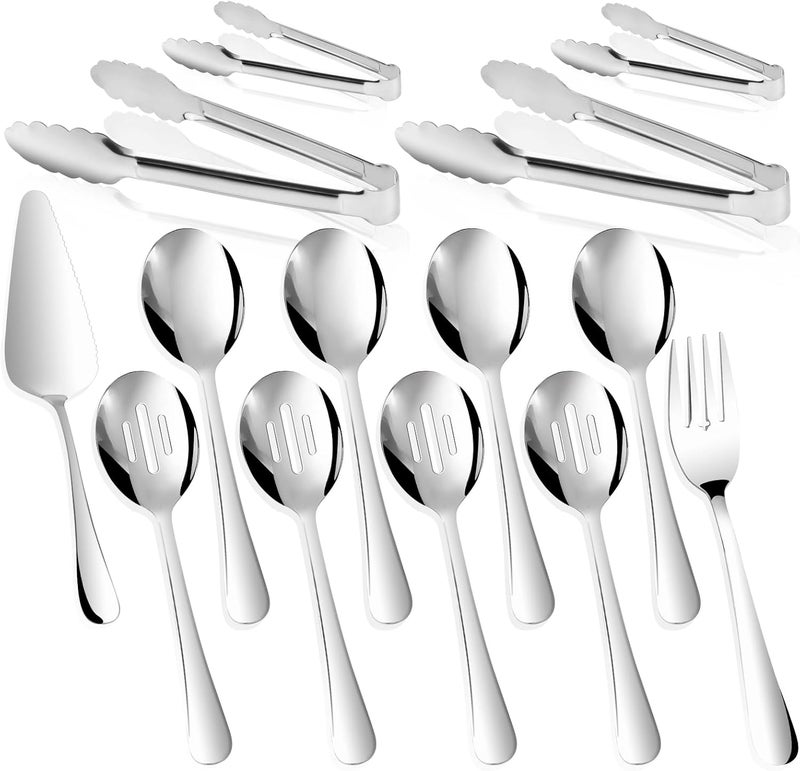 Gisly 14PCS Serving Utensils - Hostess Serving Utensils Set, Premium Stainless Steel 8.7 inch Serving Utensils, Slotted Spoons, Fork, Tongs, Cake Pie Server for Buffet, Wedding, Dinner (Silver) - Image 1