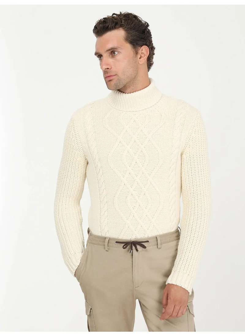 Kip Ecru Full Turtleneck Patterned Wool Blend Knitwear