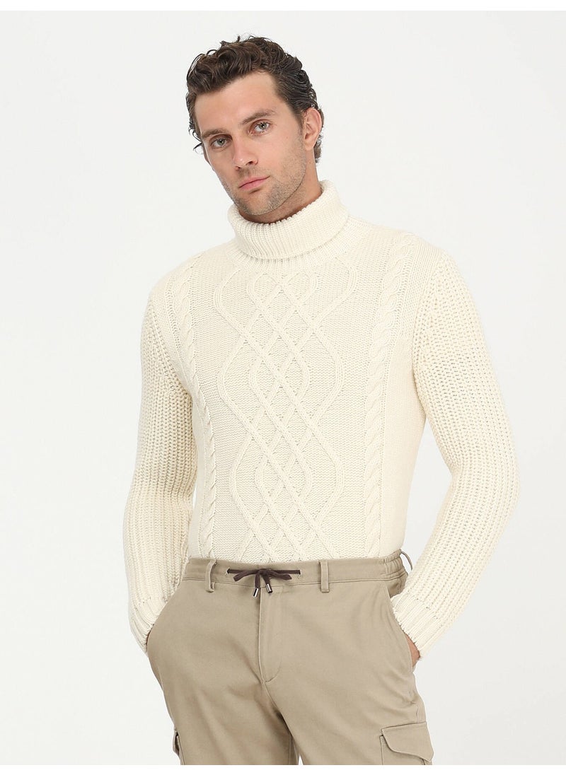 Kip - Ecru Full Turtleneck Patterned Wool Blend Knitwear - Image 1