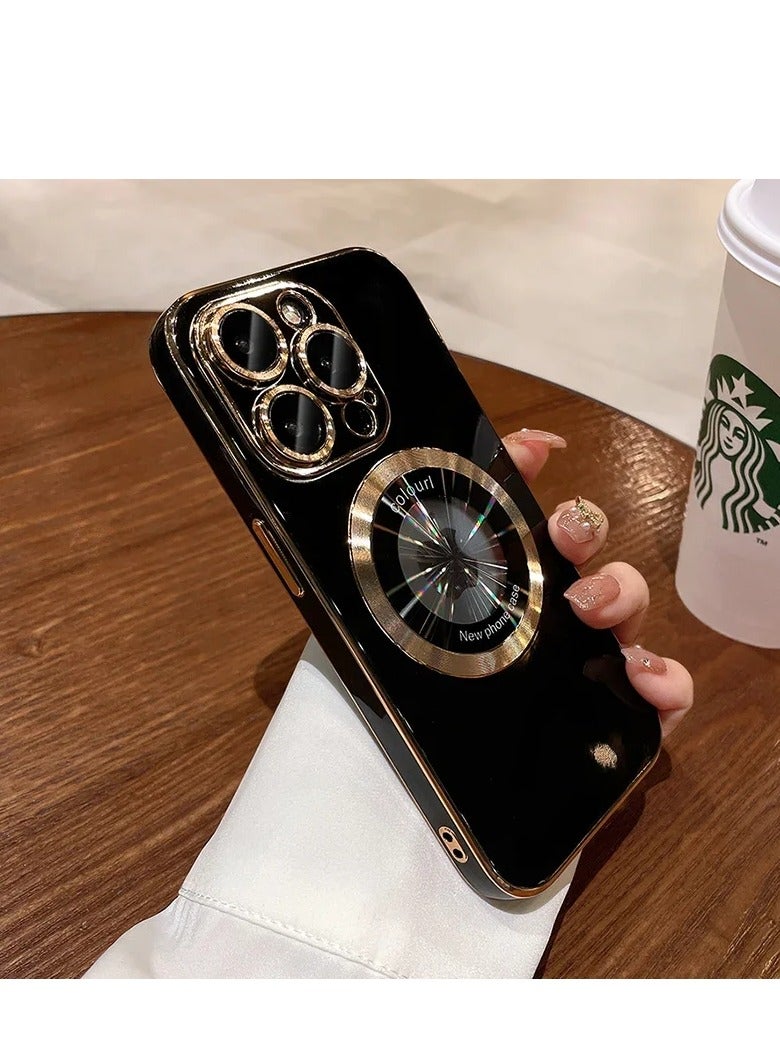 AROAQ Magnetic Case For Iphone, Wireless Charging Magsafe Lens Film Cover, Anti-scratch Luxury Plating Logo Hole Strong Magnetic Case For Iphone 15 Pro, ( Black Color) - Image 1