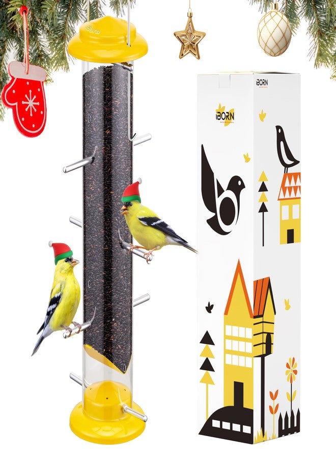 iBorn Metal Bird Feeder Thistle Bird Feeder,Finch Feeders for Thistle Seed,Tube Feeder Hanging Hook 14 Inch Yellow - Image 1