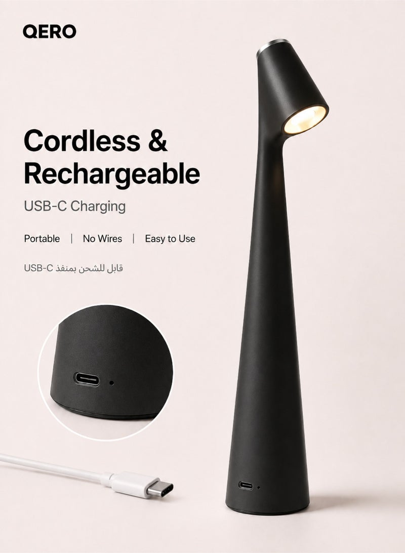 كيورو مصباح طاولة أسود قابل للشحن من QERO، يعمل باللمس، 3 مستويات إضاءة، مصباح LED لاسلكي مع شحن USB-C لغرفة النوم والدراسة والقراءة والديكور - Image 4