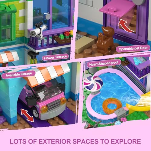 Hogokids مجموعة بناء منزل هوجوكيدز للبنات مع ضوء LED - 1317 قطعة فيلا أصدقاء لعبة بلوك مع سيارة وحمام سباحة، حديقة مجموعة بناء من 4 طوابق للعب الأدوار، هدية عيد ميلاد للبنات والأولاد من 8-14 سنة - Image 5