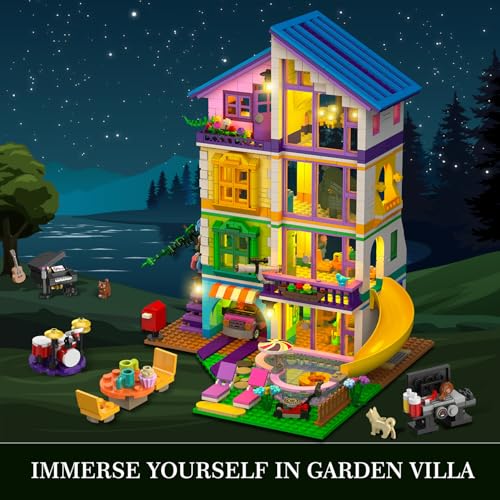 Hogokids مجموعة بناء منزل هوجوكيدز للبنات مع ضوء LED - 1317 قطعة فيلا أصدقاء لعبة بلوك مع سيارة وحمام سباحة، حديقة مجموعة بناء من 4 طوابق للعب الأدوار، هدية عيد ميلاد للبنات والأولاد من 8-14 سنة - Image 2