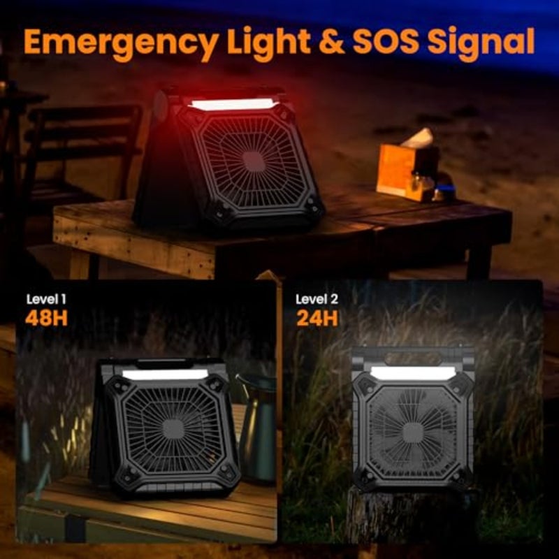 Solar Camping Fan with Light- Rechargeable Battery Operated Fan, 38H Run Time, 3 Speed, 6H Timer, SOS Signal, Portable Desk Fan for Camping Fishing RV Trips Hurricane Power Outage - Image 5