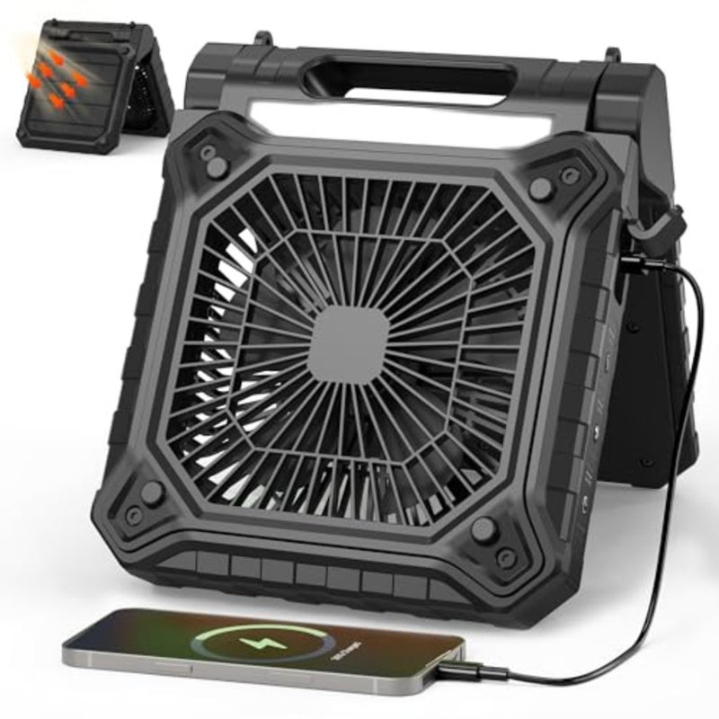 Solar Camping Fan with Light- Rechargeable Battery Operated Fan, 38H Run Time, 3 Speed, 6H Timer, SOS Signal, Portable Desk Fan for Camping Fishing RV Trips Hurricane Power Outage - Image 1