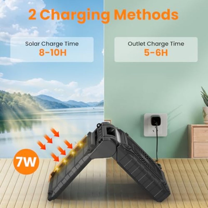 Solar Camping Fan with Light- Rechargeable Battery Operated Fan, 38H Run Time, 3 Speed, 6H Timer, SOS Signal, Portable Desk Fan for Camping Fishing RV Trips Hurricane Power Outage - Image 2