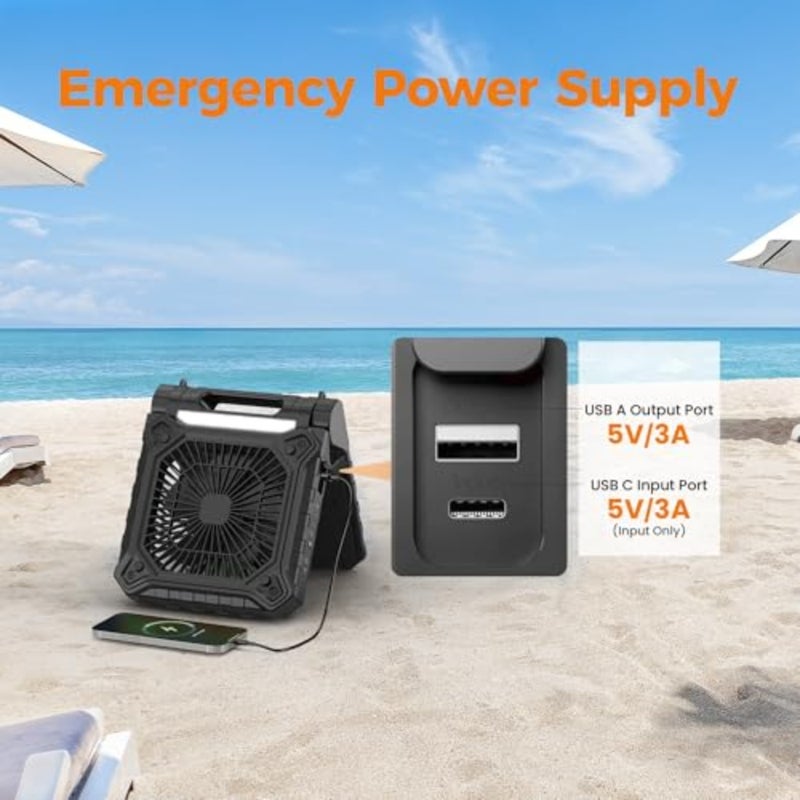 Solar Camping Fan with Light- Rechargeable Battery Operated Fan, 38H Run Time, 3 Speed, 6H Timer, SOS Signal, Portable Desk Fan for Camping Fishing RV Trips Hurricane Power Outage - Image 4
