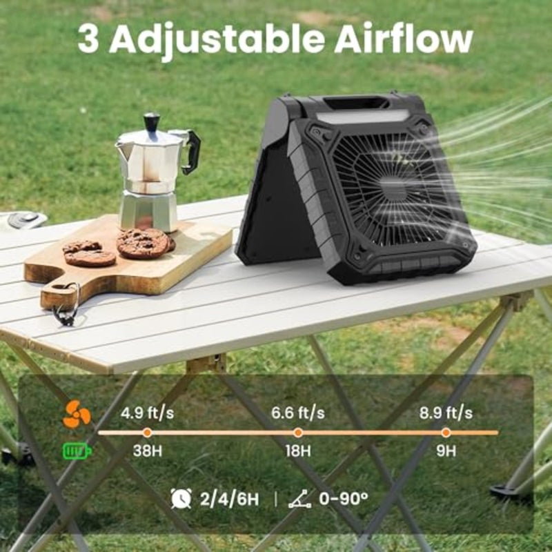 Solar Camping Fan with Light- Rechargeable Battery Operated Fan, 38H Run Time, 3 Speed, 6H Timer, SOS Signal, Portable Desk Fan for Camping Fishing RV Trips Hurricane Power Outage - Image 3