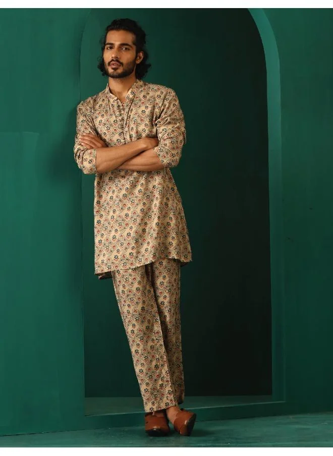 ترو برونز Men's Beige Geometric Muslin Silk Printed Co-ord Set