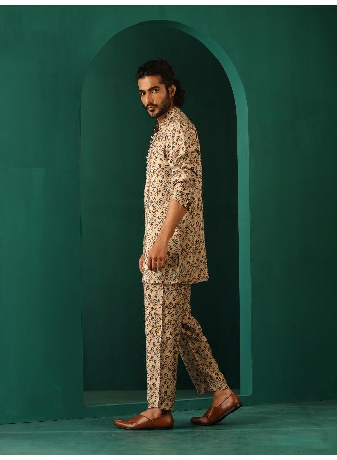 ترو برونز Men's Beige Geometric Muslin Silk Printed Co-ord Set  - Image 3