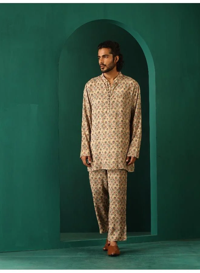 trueBrowns Men's Beige Geometric Muslin Silk Printed Co-ord Set