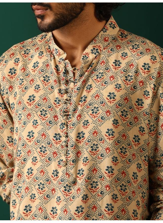 ترو برونز Men's Beige Geometric Muslin Silk Printed Co-ord Set  - Image 5