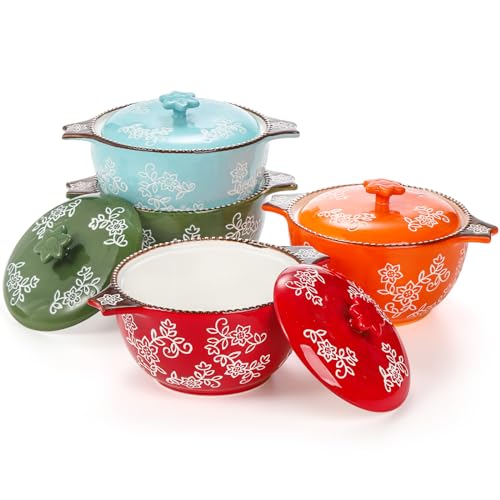 AVLA 4 Pack Ceramic Soup Bowls with Lid and Double Handles 22 OZ French Onion Soup Crock Small Casserole Dish for Oven Mini Cocotte Set Baking Ramekins for Stews Cereal Oatmeal or Pasta