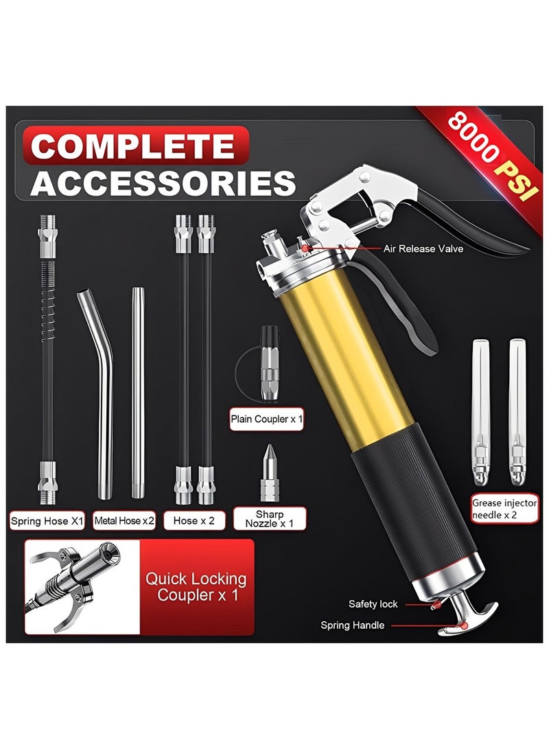 Grease Gun Kit 8000 PSI Heavy Duty Pistol Grip with Flex Hose, Rigid Pipe and Quick Coupler 14oz - Image 2