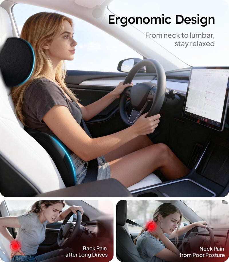 Wigoo 2026 Car Neck Pillow and Lumbar Support Pillow for Car Kit [Ergonomic Design, Pressure Relief] Soft Car Headrest Pillow Back Cushion with Adjustable Strap, Fits All Vehicles (Black) - Image 2