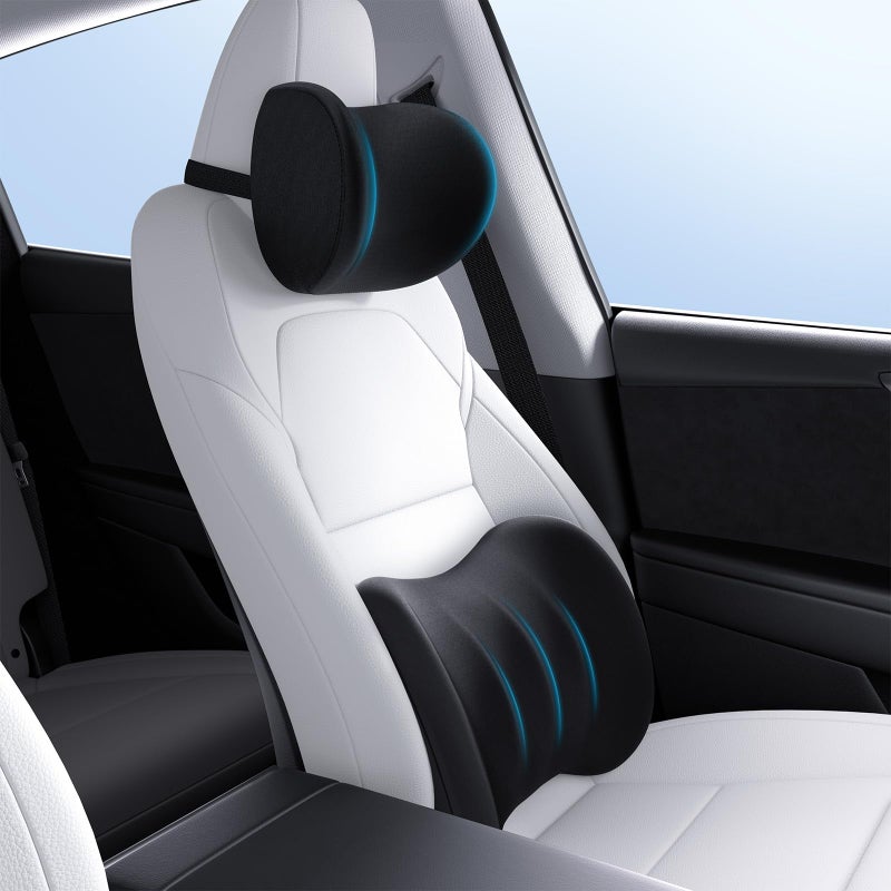 Wigoo 2026 Car Neck Pillow and Lumbar Support Pillow for Car Kit [Ergonomic Design, Pressure Relief] Soft Car Headrest Pillow Back Cushion with Adjustable Strap, Fits All Vehicles (Black) - Image 1