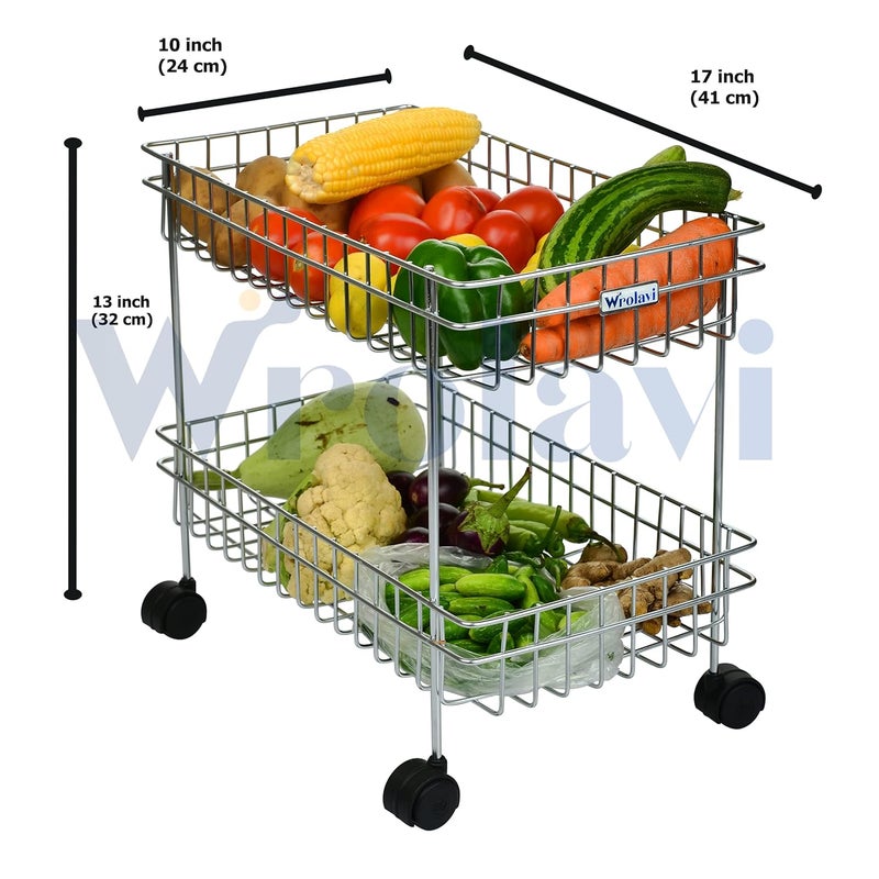 WROLAVI Zinbell Stainless Steel 2Tier Fruits Vegetable Trolley Basket with Wheel Kitchen Crockery Storage Modular Rack Stand 2 Shelf Multipurpose Kitchen Racks and Shelves - Image 4