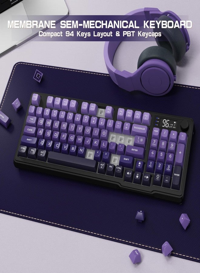 LexonElec M96 Wireless Keyboard, Low Profile Quiet Typing Membrane Gaming Keyboard with Smart Display & Knob, RGB Backlit, USB C Rechargeable, 94 Keys PBT Keycap for Windows PC,Mac,Linux-Grape Purple - Image 5