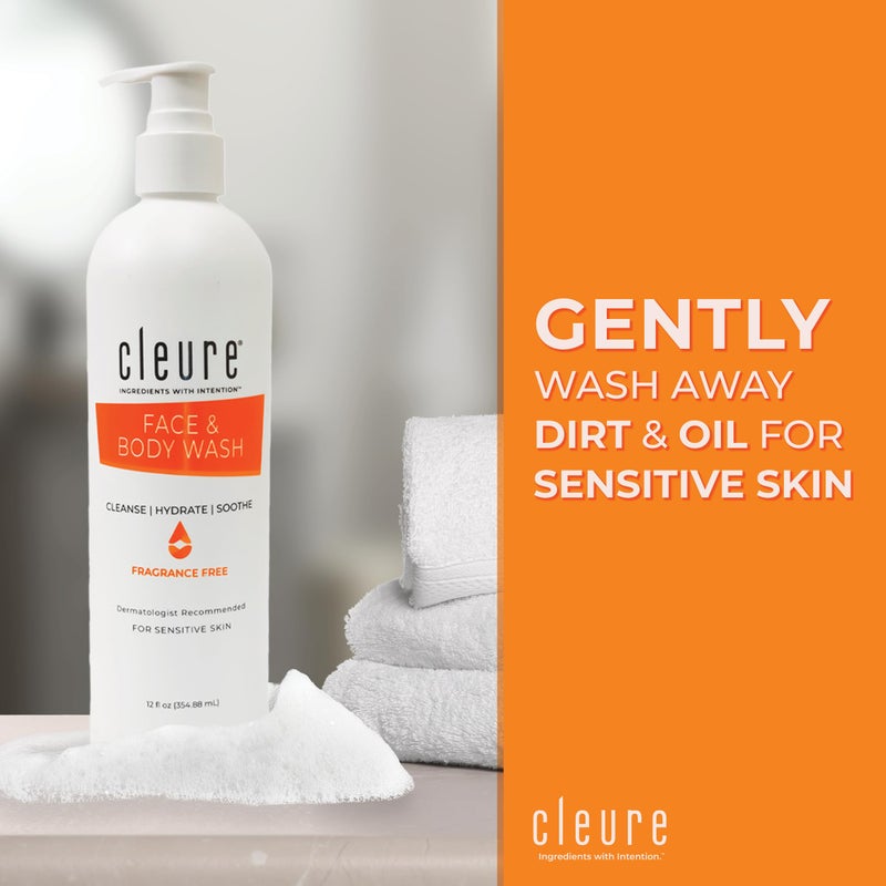 Cleure منظف الوجه والجسم من كلور - غسول جسم خالي من العطور ومضاد للحساسية للبشرة الحساسة والإكزيما - خالي من البارابين والكبريتات، صابون جسم متوازن الحموضة (12 أونصة، عبوة من 2)  - Image 2