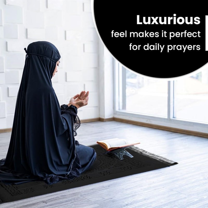 MARK STORE Black Prayer Mat Embossed Anti-Slip Velvet Top Prayer Rug for Umrah Hajj Ramadan 80 x 120 cm, Best Gift For Ramadan (Black Premium) - Image 4
