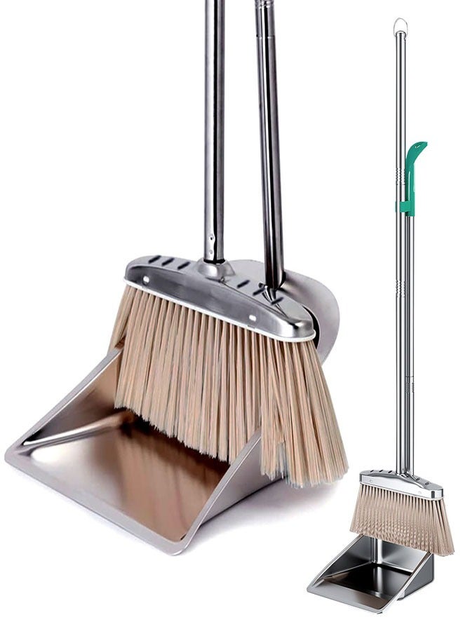 HAWAWA Upright Broom and Dustpan Set with Long Handle, Heavy Duty Stainless Steel Dustpan with Broom Combo Set for Sweeping Indoor Outdoor Kitchen Home Lobby Floor - Image 1