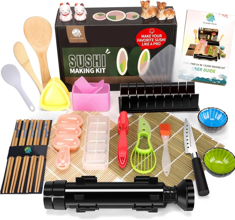 FUNGYAND Sushi Making Kit, 27-in-1 Professional Maker Set with Bazooka Roller, Nigiri & Musubi Presses, Bamboo Mats, Knife, Chopsticks, Ceramic Dishes - Ideal for Beginners - Image 1