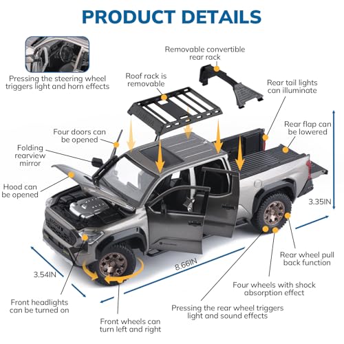 FRJV Toy Trucks for Boys 1 24 Diecast Cars Tacoma Toy TruckCollectible Metal Pickup Trucks Model Car KitsPull Back Tacoma Truck Toy with Lights and SoundsToy Trucks for Boys Age 47Bronze - Image 5