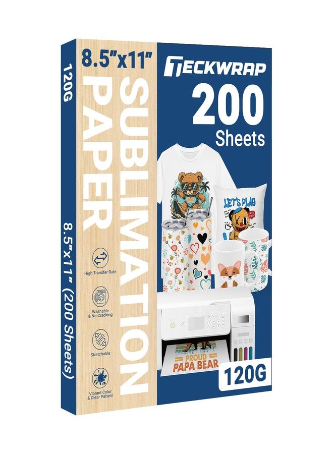 TECKWRAP Sublimation Paper 8.5 x 11 Inches 200 Sheets Compatible with Sublimation Printer and Sublimation Ink 120gsm for Mugs T-Shirts Light Fabric and Other Sublimation Blanks DIY - Image 1