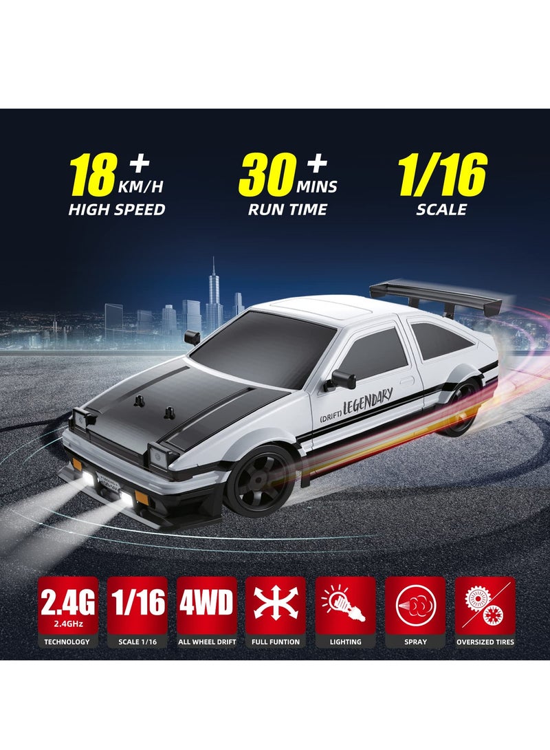 XiuWoo RC Drift Car 2.4GHz 1:16 Scale 4WD High Speed Remote Control Cars Vehicle with LED Lights Two Batteries and Drifting Tires Racing Sport Toy Cars for Adults Boys Girls Kids,Black and White  - Image 2