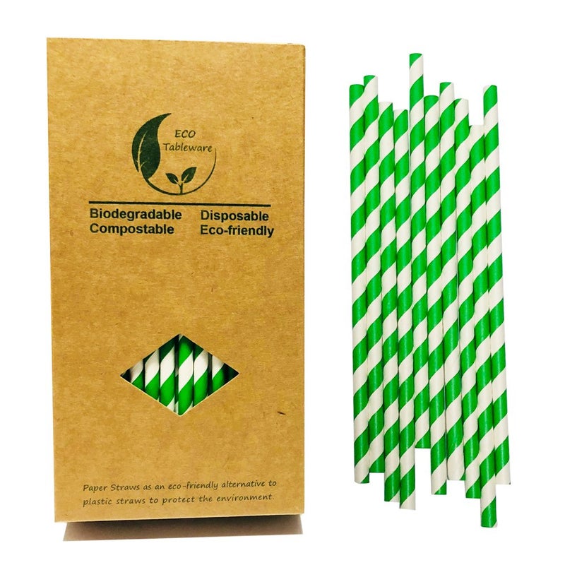 BOFA Eco Tableware Environment Green White Paper Straws Bulk 100  Disposable Green Striped Drinking Straws with Kraft Box Packing Coktail Straws for Holiday Use Juice Patener - Image 1