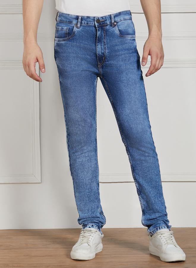 Dennis Lingo Men's Mid Blue Cotton Blend Solid Pattern Full Length Slim Fit Jeans  - Image 2