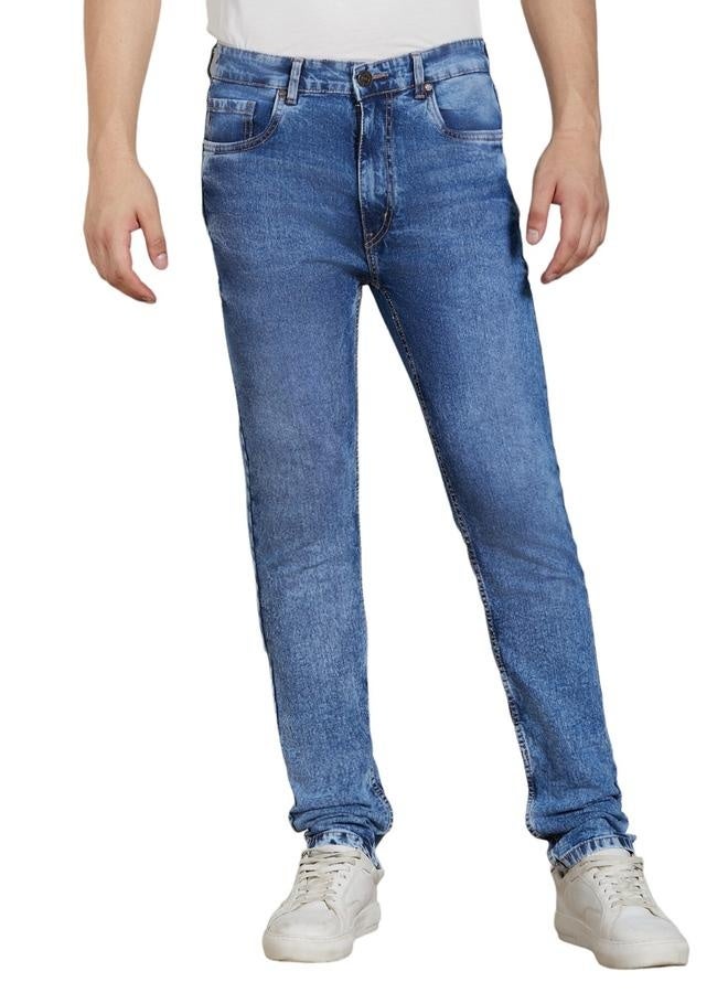 Dennis Lingo Men's Mid Blue Cotton Blend Solid Pattern Full Length Slim Fit Jeans  - Image 3