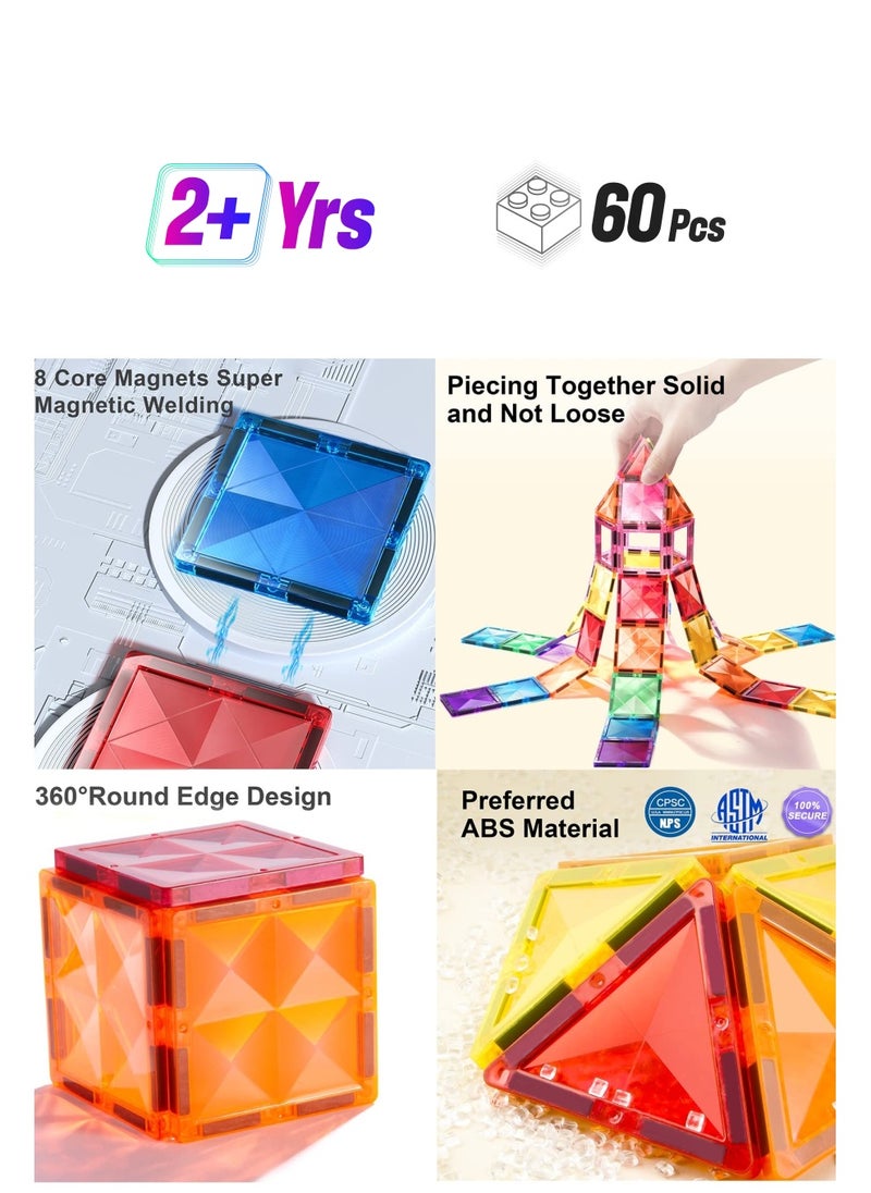 Pretocter Magnetic Building Blocks Tiles Set for Kids,STEM Educational 3D Building Blocks,  Creativity DIY Building Puzzle Toys Gift for Kids/Toddler/Early Preschool(60pcs/100pcs-Multicolor)  - Image 1