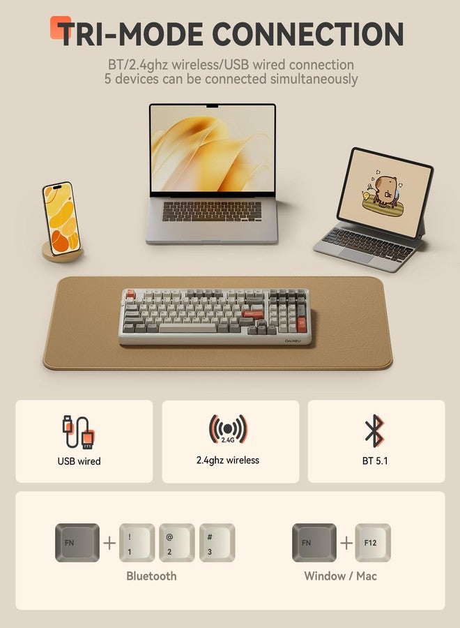 DAREU EK98pro Wireless Mechanical Keyboard,Tri-Mode BT/2.4GHz/USB-C Creamy Gaming Keyboard with Number Pad,Pre-lubed Linear Switches,Gasket Structure,Hot Swappable Custom,RGB Backlit for Win/Mac - Image 3