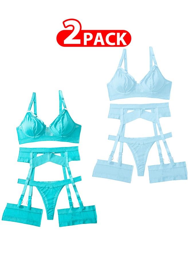 MARGOUN 2 Pack Medium Size Women Sheer Mesh Garter Lingerie Set Strappy Teddy Babydoll Bra and Panty with Leg Ring 4 Piece Lingerie Set - Image 1