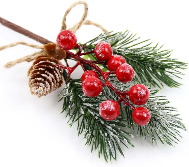 KLEWEE 10 PCS Christmas Berry Picks Glitter Christmas Picks and Sprays Artificial Pine Branches with Red Berry Stems Pine Cones Christmas Greenery for Crafts, Holiday Décor, Wreaths Xmas Decorations - Image 1