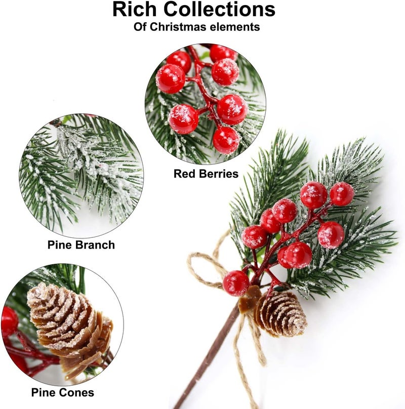 KLEWEE 10 PCS Christmas Berry Picks Glitter Christmas Picks and Sprays Artificial Pine Branches with Red Berry Stems Pine Cones Christmas Greenery for Crafts, Holiday Décor, Wreaths Xmas Decorations - Image 2