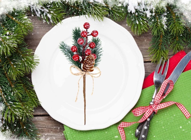 KLEWEE 10 PCS Christmas Berry Picks Glitter Christmas Picks and Sprays Artificial Pine Branches with Red Berry Stems Pine Cones Christmas Greenery for Crafts, Holiday Décor, Wreaths Xmas Decorations - Image 5