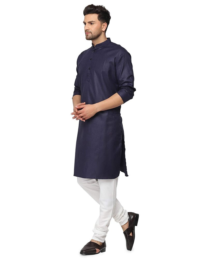 ashtang Men's Cotton Blend Solid Straight Kurta (PLN-KK-NAVY-38) Blue - Image 4