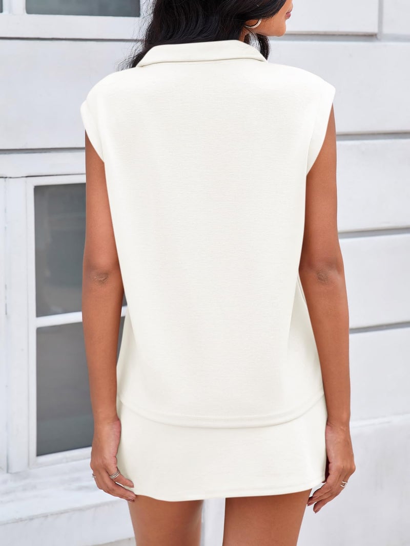 Fisoew Womens 2 Piece Skirt Sets Summer Sleeveless Half Zip Sweatshirt Athletic Skorts Tennis Outfits Casual Sweatsuits - Image 3