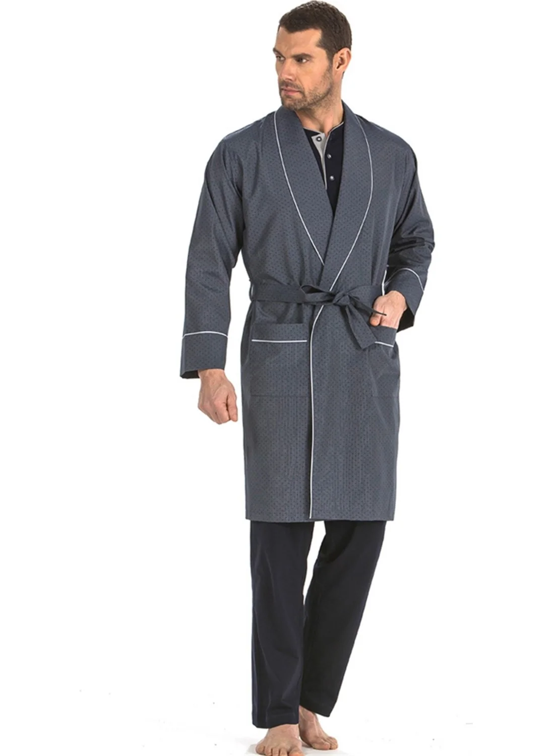 بيير كاردان 5 Piece Combed Cotton Robe Suit Pajama Set 5560 Navy Blue